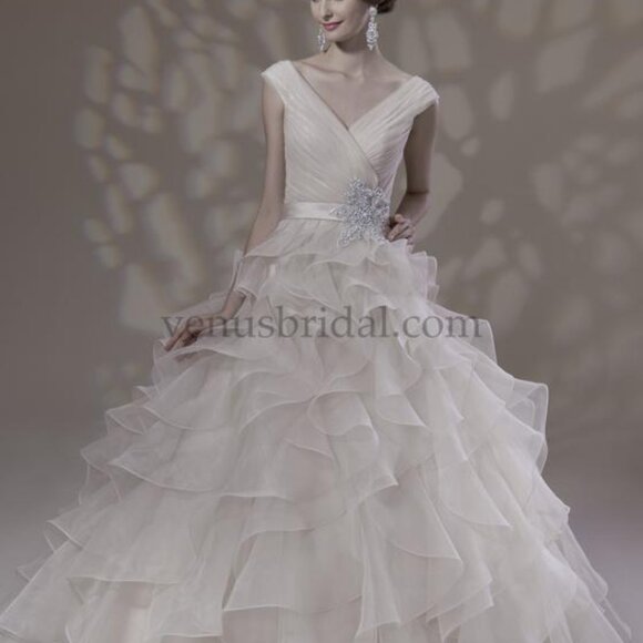 SAMPLE Wedding Dress Princess, Ruffle Ballgown, Champagne Off-the-shoulder Bling - Picture 1 of 11